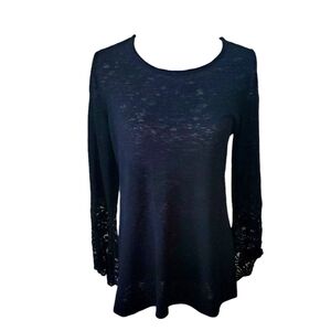 Alfani Black Semi Sheer Slub Knit Top With Lace Bell Long Sleeve Size M